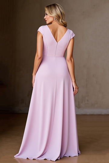 Candy Pink A Line Ruffled Cap Sleeves Long Mother of the Bride Dress with Slit